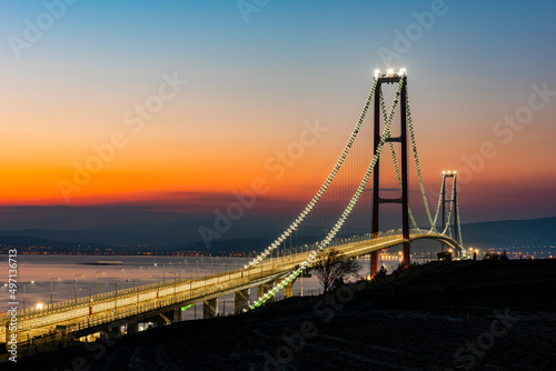 1915 Canakkale Bridge in Canakkale, Turkey. World's longest suspension bridge opened in Turkey. Turkish: 1915 Canakkale Koprusu. Bridge connect the Lapseki to the Gelibolu.