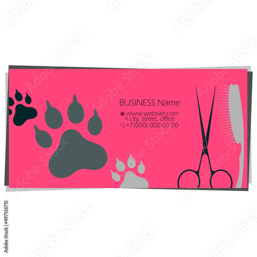 Pet care and grooming business card. Scissors with a comb and animal paw marks