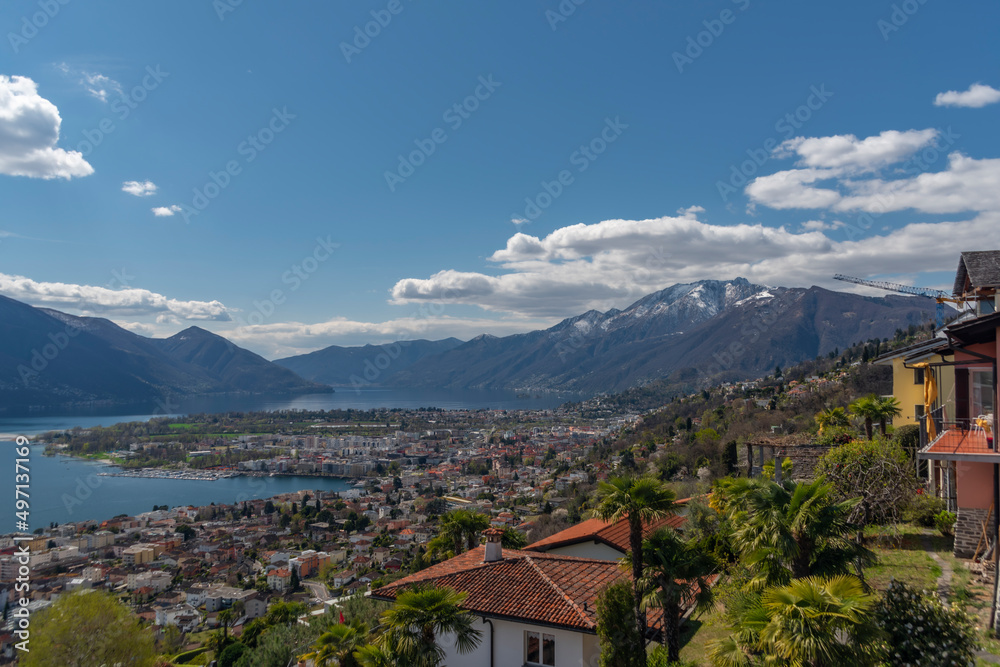 View over Maggiore lake and Locarno town in spring sunny day