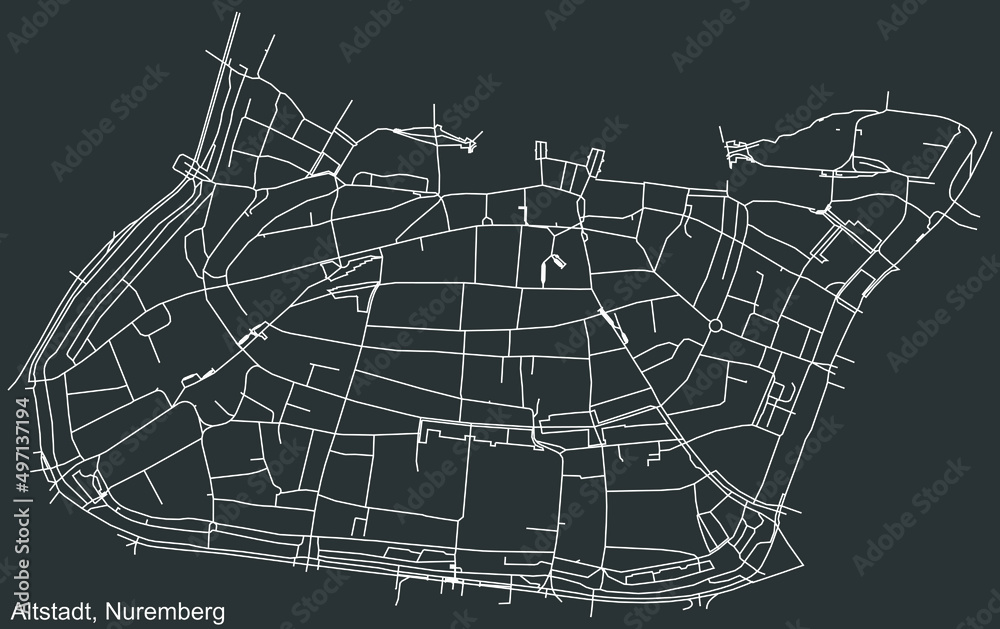 Detailed negative navigation white lines urban street roads map of the ALTSTADT, ST. LORENZ DISTRICT of the German regional capital city of Nuremberg, Germany on dark gray background