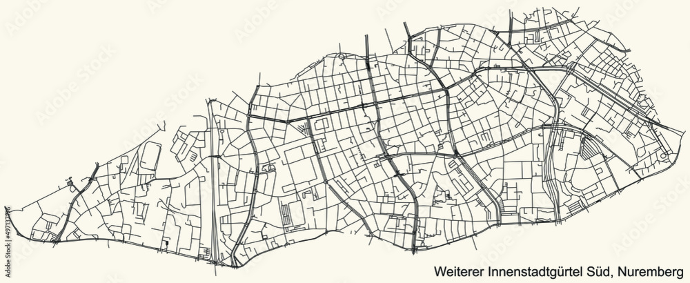 Fototapeta premium Detailed navigation black lines urban street roads map of the STATISTISCHER STADTTEIL 1 (WEITERER INNENSTADTGÜRTEL SÜD) DISTRICT of the German regional capital city of Nuremberg, Germany on vintage be