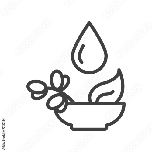 Cup icon with herbs and oils. A simple line drawing of various herbs for alternative medicine. Folk medicines. Vector over white background.