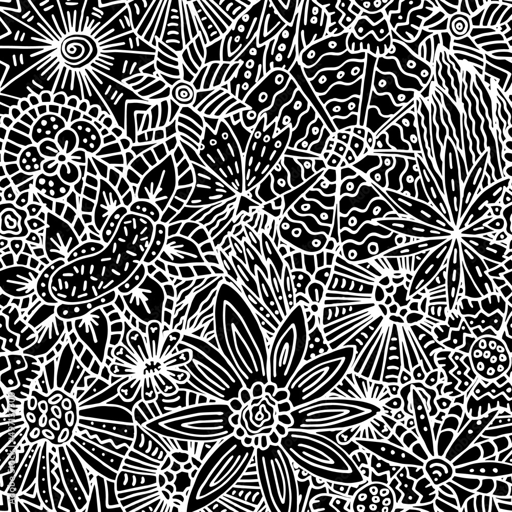 Strange flowers. Seamless floral pattern in doodle style. White black. Line art, vector Strange flowers. Seamless floral pattern in doodle style. White black. Line art, vector