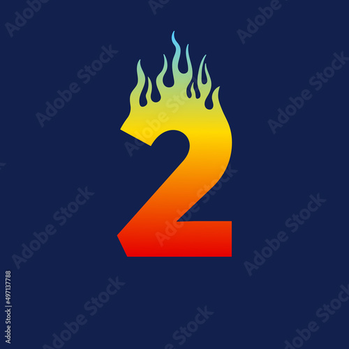 Number two 2 icon with fire flames in a vibrant gradient color. Numeric logo burning with fast flame effect.