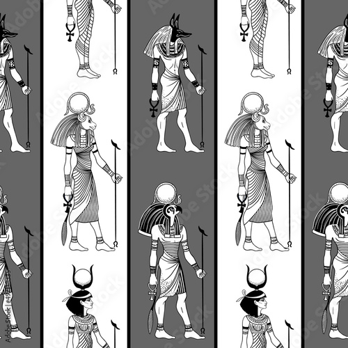 Ancient Egypt. Vintage black and white seamless pattern with Egyptian gods and symbols. Retro hand drawn vector repeating illustration. Ra, Anubis, Sekhtmet, Cleopatra, pyramid.