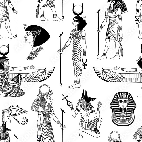 Ancient Egypt. Vintage black and white seamless pattern with Egyptian gods and symbols. Retro hand drawn vector repeating illustration. Ra, Anubis, Sekhtmet, Cleopatra, pyramid.