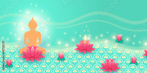Happy Vesak Day, Buddha Day. Banner with Buddha silhouette, lotus, lights and patterns. Vector