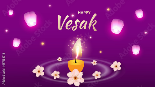 Happy Vesak day is the great day of the Buddha. Flying lanterns, flowers, a lit candle on a lilac background.Vector