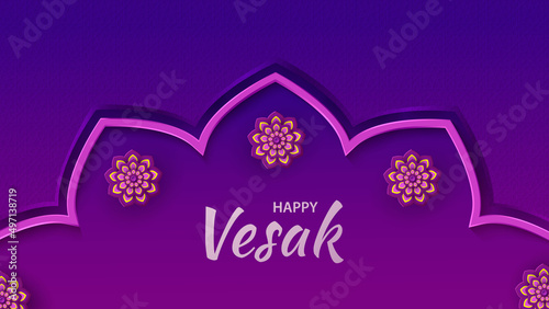 Poster for Buddha Purnima or Vesak Day with Buddha silhouette, flowers and patterns.