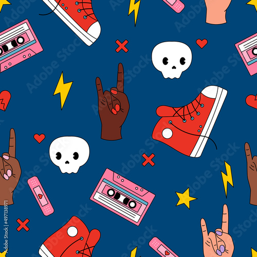 Seamless pattern with rock hand sign, sneakers shoes, audio tapes and skull. Music 80s and 90s. Hand drawn doodles on dark blue background. Vector illustration.