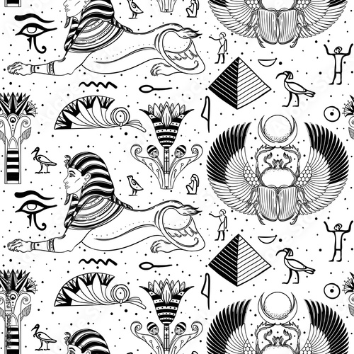 Ancient Egypt. Vintage black and white seamless pattern with Egyptian gods and symbols. Retro hand drawn vector repeating illustration. Ra, Anubis, Sekhtmet, Cleopatra, pyramid.