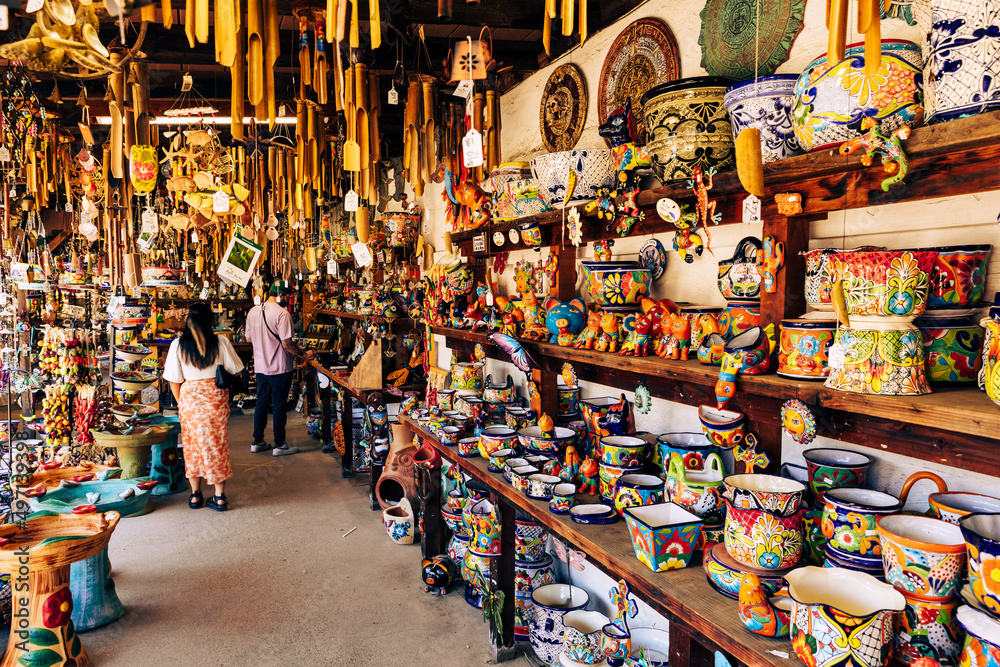 Variety of Colorfull Mexican Traditional Souvenirs at Market in Mexico.