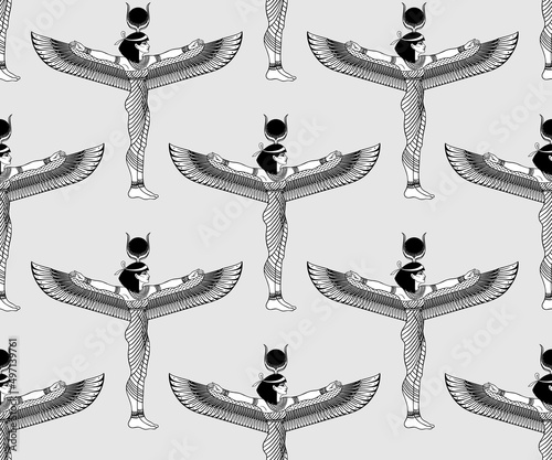 Ancient Egypt. Vintage black and white seamless pattern with Egyptian gods and symbols. Retro hand drawn vector repeating illustration. Ra, Anubis, Sekhtmet, Cleopatra, pyramid.
