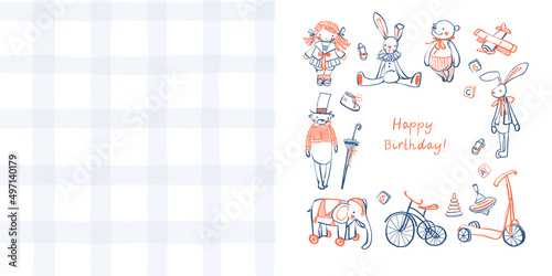 Children's greeting card with hand-drawn toys. Seamless checkered pattern. Cute baby style. Stock vector illustration.