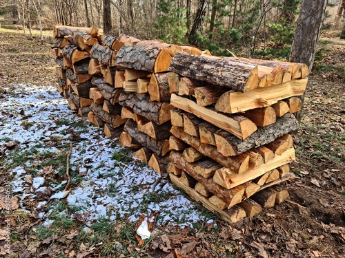 Firewood chopped into logs and stacked in pile prepared for the next winter