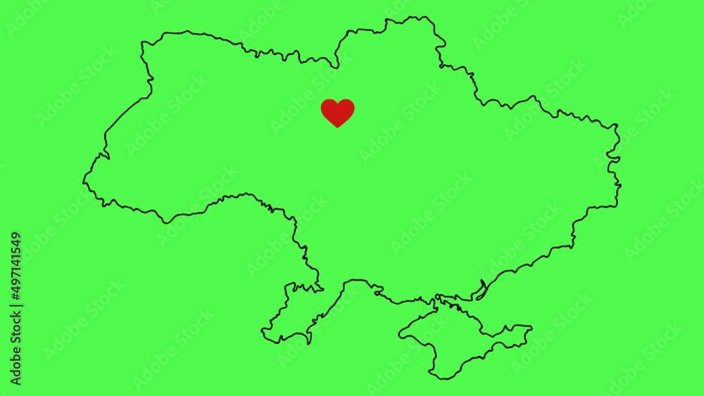 Animation of a beating red heart in the middle of Ukraine. Outline map ...