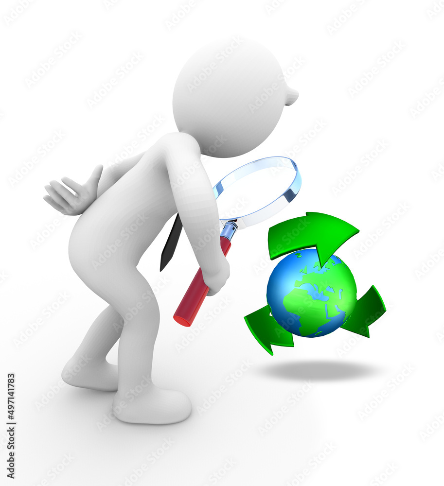 3D illustration of a white character holding a magnifying glass and analyzing a globe 3D illustration of a white character holding a magnifying glass and analyzing a globe
