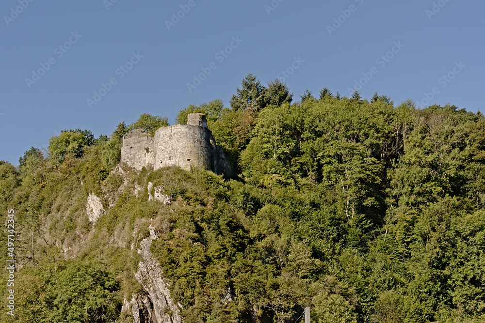 Ruins of crevecoeur castle in between forests on the cliffs , above the village of Bouvignes sur Meuse, Namur, Wallonia, Belgium 