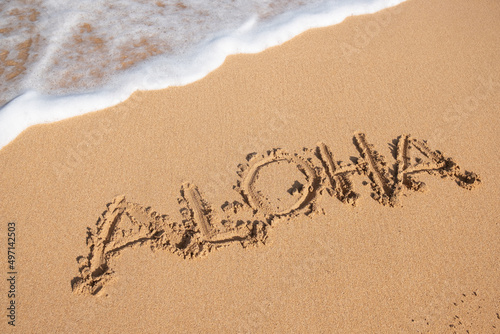 Aloha written in sand