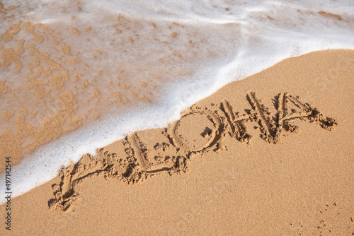 Aloha written in sand
