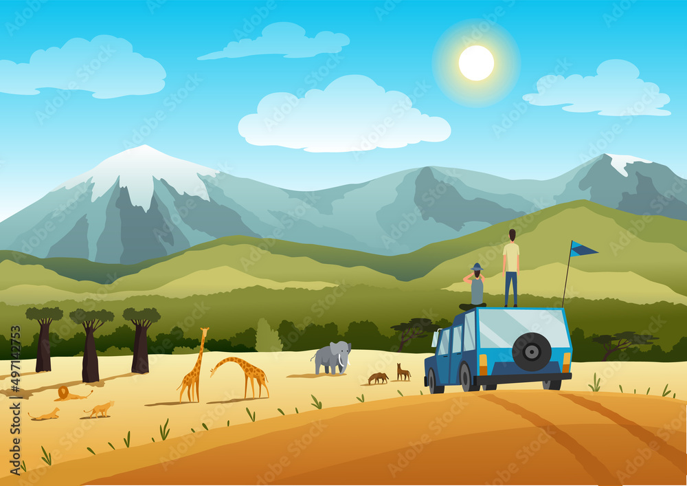 African safari flat banner concept. Tourists on car taking photos of cartoon characters. Tropical tourism, exotic recreation poster. Wilderness savannah exploration illustration