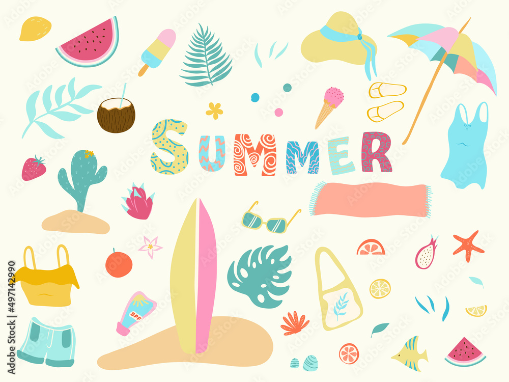 Fototapeta premium Summer Elements Collection. Enjoy the sun. Recreation items on the sand. Relax on the beach. Vector illustration.