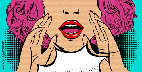 Fototapeta Naklejka Na Ścianę i Meble -  Comic book girl in pop art style. Emotional pretty woman trying to tell or announcing secret message. Beautiful lady keeping hand near her mouth