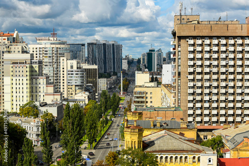 panoramic view of the center of modern Kyiv before a thunderstorm from the top view towards Shevchenko Boulevard and Victory Square 