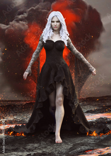 Slika na platnu Portrait of a powerful dark elf sorceress walking through the lava fields unscathed