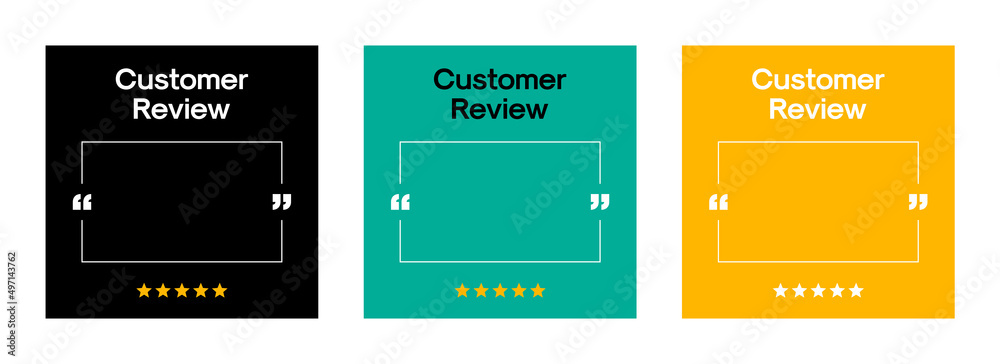 Customer Review Quote Social Media Post Template. Empty Quote Frame with Quotation Marks on Colour Background. Vector Square Banner Template Design for Customer Feedback, Testimonial or Review Quote. - obrazy, fototapety, plakaty 