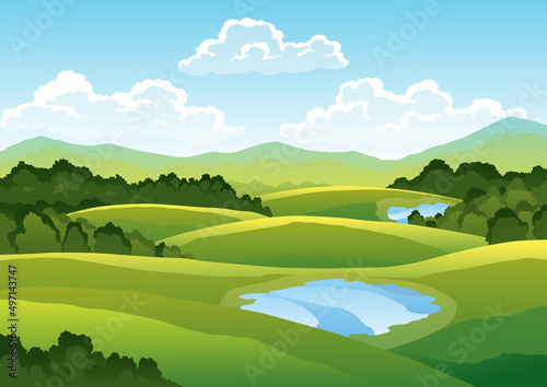 Green golf course. Countryside beautifle background. Hand drawn nature landscape with tree  green grass and lake