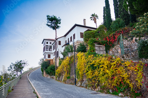 A beautiful asphalt road on a hill with a gorgeous view of the old house and green plants © Vladyslav