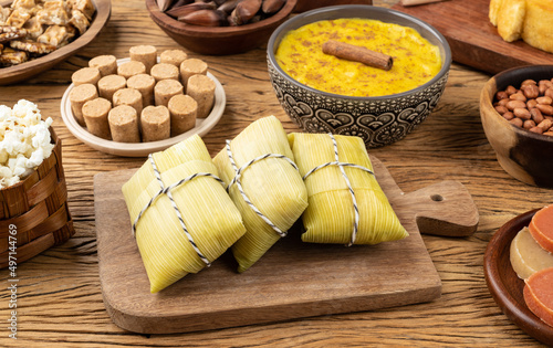 Typical brazilian june festival food over wooden table. Festa junina