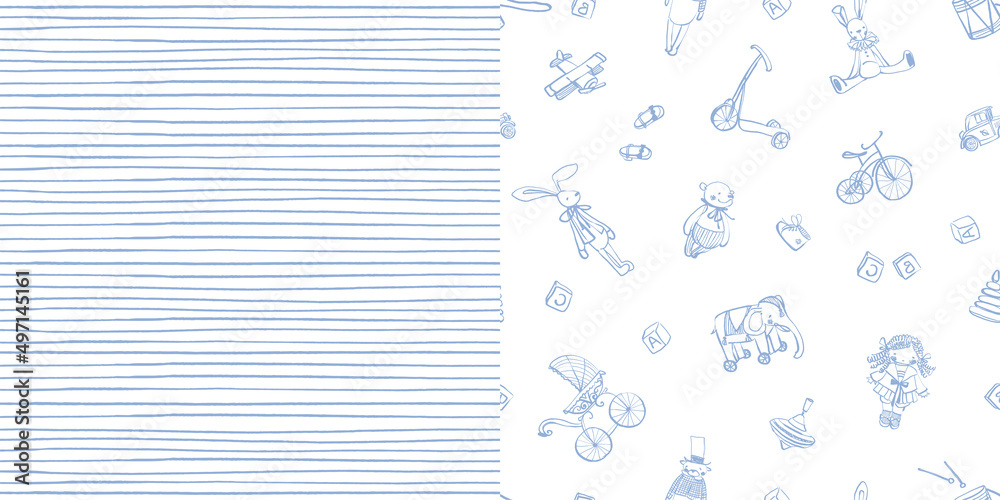 A set of two seamless patterns. Hand-drawn vintage toys on a white background. Seamless pattern of thin blue stripes. Cute baby style. Soft blue color. Stock vector illustration. A set of two seamless patterns. Hand-drawn vintage toys on a white background. Seamless pattern of thin blue stripes. Cute baby style. Soft blue color. Stock vector illustration.