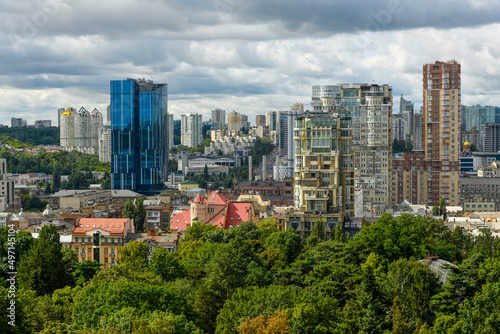 panoramic view of the center of modern Kyiv before a thunderstorm from the top view towards Solomenka