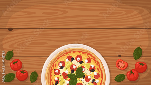Detailed flat vector illustration of a delicious American style Grilled Pizza on a plate surrounded with fresh ingredients. Charred crust. Room for text.