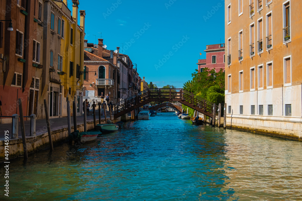 VENICE, ITALY - August 27, 2021: View of empty and calm canals of Venice, Italy.