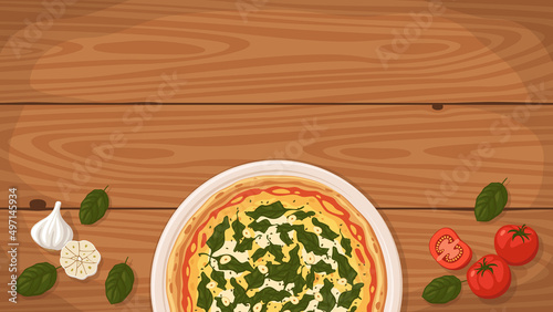 Detailed flat vector illustration of a delicious Italian style Pizza Ricotta e Spinaci on a plate surrounded with fresh ingredients. Room for text.