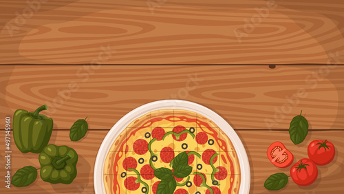 Detailed flat vector illustration of a delicious St. Louis-Style Pizza on a plate surrounded with fresh ingredients. Room for text.