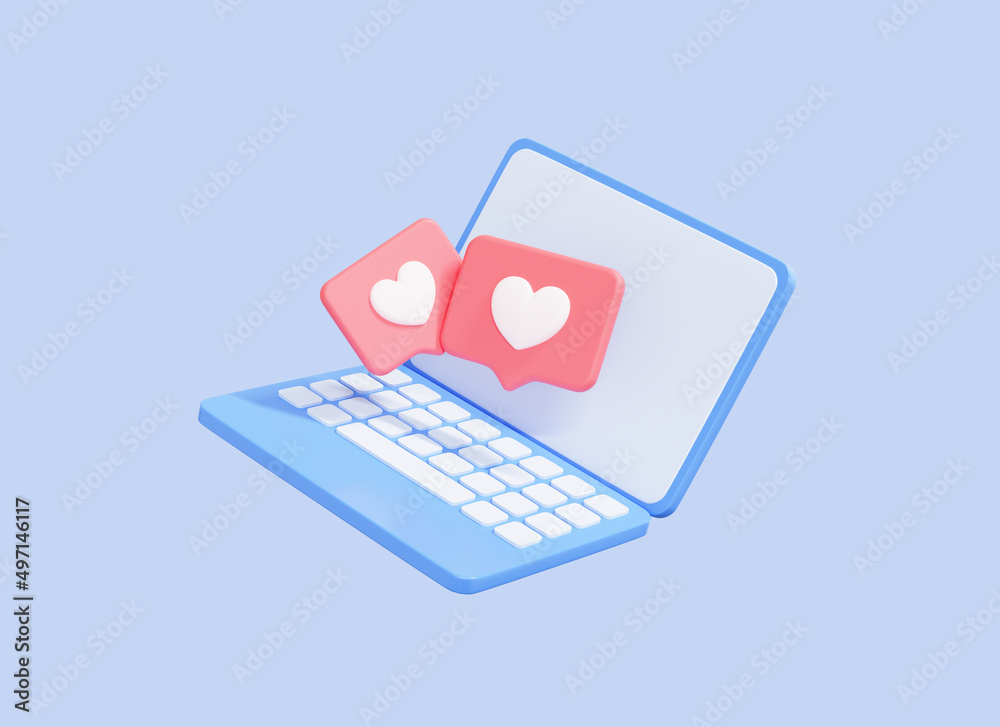 3D Computer laptop with Like icons. Social media concept. Heart message on screen laptop. Social network template. Minimal design. Cartoon illustration isolated on blue background. 3D Rendering