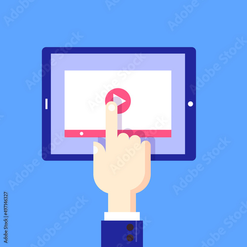 Hand turning on video. For print and design. Vector illustration.