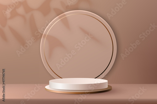 Round stage for the presentation of beauty products, foundation, BB. Cylindrical podium with a drop shadow from the leaves