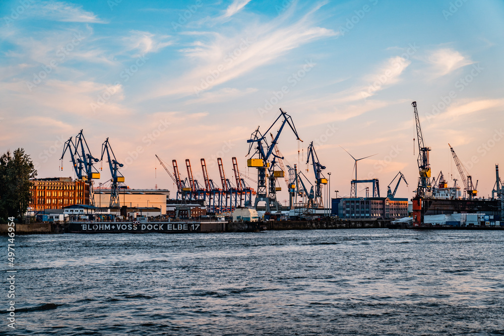 hamburg port at sunset