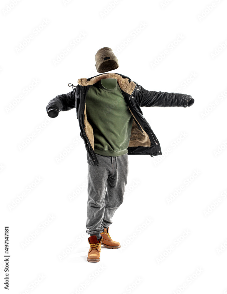 Invisible man stands with outstretched arms, in a jacket, hat, sweatpants and orange boots isolated on white. Poster concept