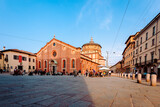 Wide angle view of the church of Santa Maria delle Grazie, Milan with people