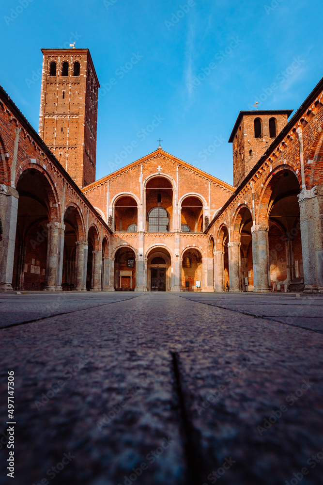 Low wide view of the Basilica of Sant'Ambrogio, vertical
