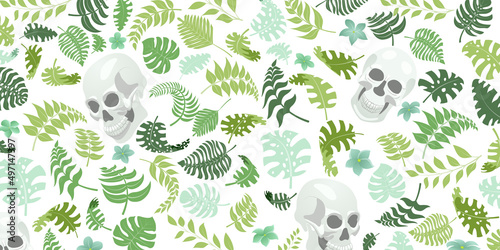 Background with exotic jungle plants and human skulls. Tropical palm leaves and flowers. Illustration for Mexican holiday Day of the Dead, Dia de los Muertos, green on white