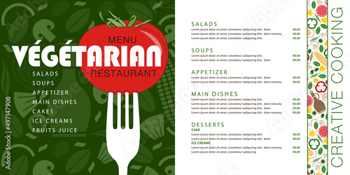Menu en 2 parties (recto-verso) pour un restaurant végétarien avec un graphisme original composé de divers légumes - texte anglais. 