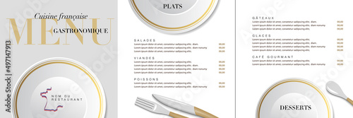 Menu en 3 parties pour un restaurant gastronomique de cuisine française avec un graphisme simple et raffiné - texte français, traduction : cuisine française, plats, desserts.