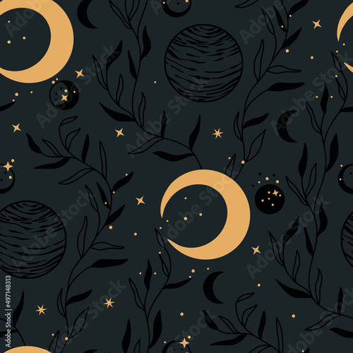 Witchy Seamless Pattern, Celestial Pattern Design Vector, Bohemian celestial pattern vector image